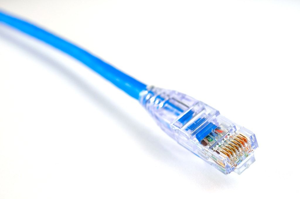Blue ethernet cable with an RJ45 plug